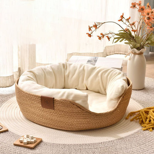 Pet Bed Sofa Handmade Bamboo Weaving Four Season Cozy Nest Baskets - Pawreta